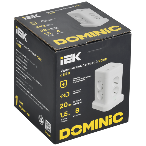 Удлинитель У08K 8 мест 2P+PE 1,5м 3х1,0мм2 16А/250В USB A+C 20Вт белый DOMINIC IEK Удлинитель У08K 8 мест 2P+PE 1,5м 3х1,0мм2 16А/250В USB A+C 20Вт белый DOMINIC IEK