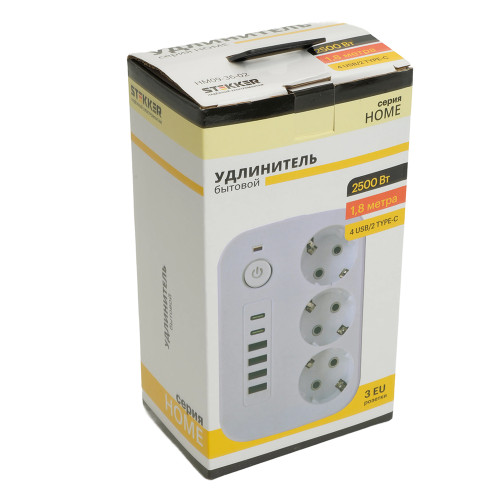 Удлинитель 3-местный c/з 3x1 мм2, 1,8 м, 250В, 10А, 4USB+2Type-C 2,4А, серия Home plus, белый STEKKER HM09-36-02