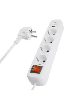 Удлинитель 4-местный с/з с выключ. STEKKER HM071-41-02 3x1мм2, 2м, 250В, 16А, 1USB+2C, 2.4A, сер Home, белый