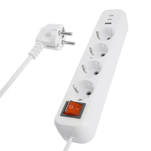 Удлинитель 4-местный с/з с выключ. STEKKER HM071-41-02 3x1мм2, 2м, 250В, 16А, 1USB+2C, 2.4A, сер Home, белый