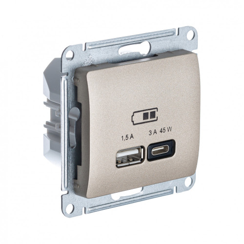 GLOSSA USB РОЗЕТКА A + тип-C 45Вт высокоскор.заряд. QC, PD, механизм, ТИТАН