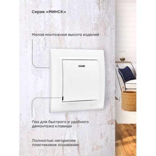 Минск Выключатель 1-кл. СП, с индикатором 10А, белый EKF Минск Выключатель 1-кл. СП, с индикатором 10А, белый EKF