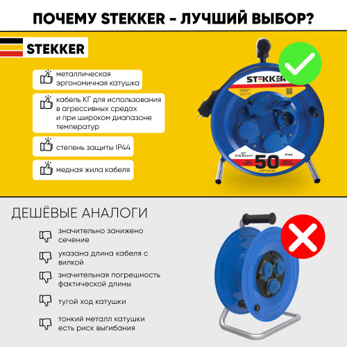 Удлинитель на металлической катушке 4-местный с/з Stekker, PRF02-41-50, 50м, 3*2,5, серия Professional, синий Удлинитель на металлической катушке 4-местный с/з Stekker, PRF02-41-50, 50м, 3*2,5, серия Professional, синий
