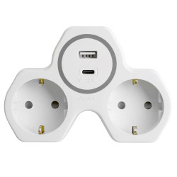 Разветвитель сетевой 2-местный с/з STEKKER ADP16-15-20, 250V, 16A и USB+Type C на 2.4А, белый/серый