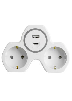 Разветвитель сетевой 2-местный с/з STEKKER ADP16-15-20, 250V, 16A и USB+Type C на 2.4А, белый/серый