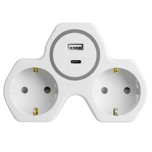 Разветвитель сетевой 2-местный с/з STEKKER ADP16-15-20, 250V, 16A и USB+Type C на 2.4А, белый/серый