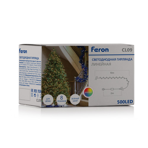 Светодиодная гирлянда Кластер Feron CL09 линейная 10м + 2м 230V мультиколор, c питанием от сети, зеленый шнур Светодиодная гирлянда Кластер Feron CL09 линейная 10м + 2м 230V мультиколор, c питанием от сети, зеленый шнур