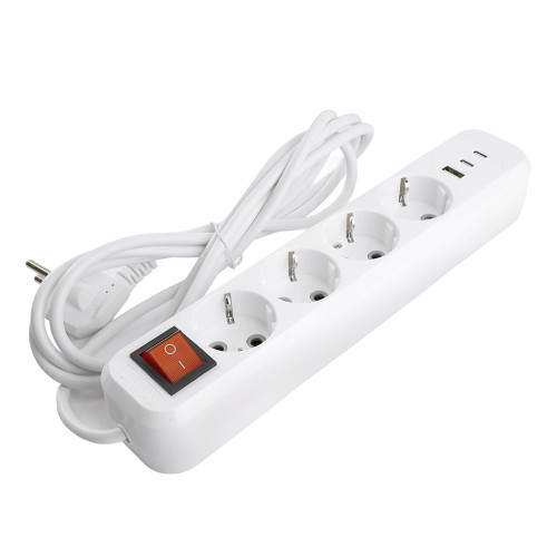 Удлинитель 4-местный с/з с выключ. STEKKER HM071-41-02 3x1мм2, 2м, 250В, 16А, 1USB+2C, 2.4A, сер Home, белый