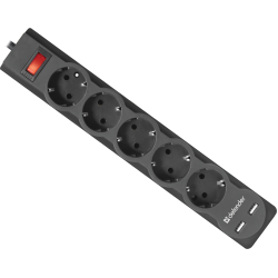 Сетевой фильтр Defender DFS 751 1,8 м, 5 розеток, 2xUSB, 2.1A