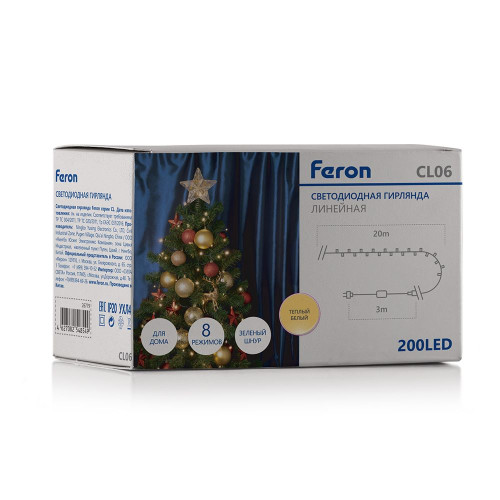 Светодиодная гирлянда Feron CL06 линейная 20м + 3м 230V 3300К, c питанием от сети, контроллером, зеленый шнур Светодиодная гирлянда Feron CL06 линейная 20м + 3м 230V 3300К, c питанием от сети, контроллером, зеленый шнур