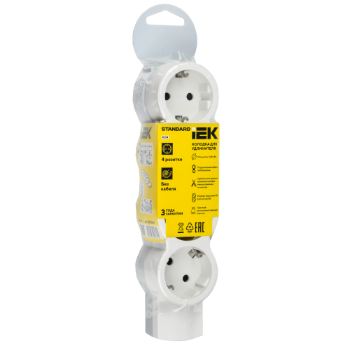 STANDARD Колодка для удлинителя с заземлением К04 4 места белая IEK STANDARD Колодка для удлинителя с заземлением К04 4 места белая IEK