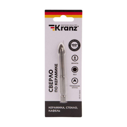Сверло по стеклу и керамике 8мм ((шестигранный хвостовик) Kranz KR-91-0643 Сверло по стеклу и керамике 8мм ((шестигранный хвостовик) Kranz KR-91-0643