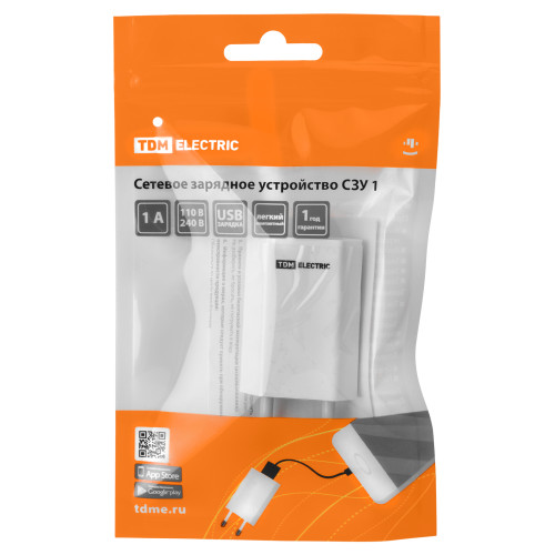 Сетевое зарядное устройство, СЗУ 1, 1 А, 1 USB, белый, TDM
