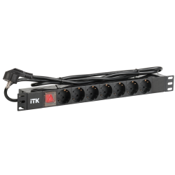 ITK PDU 7 розеток нем. стандарт, с LED выключателем,1U, шнур 2м вилка нем. стандарт, алюминиевый профиль