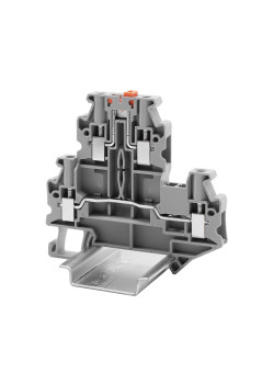 Клемма двухуровневая, верхний уровень с размыкателем, нижний -проходной,винтовой зажим, 4 точки подключения, 4 кв.мм, серая
