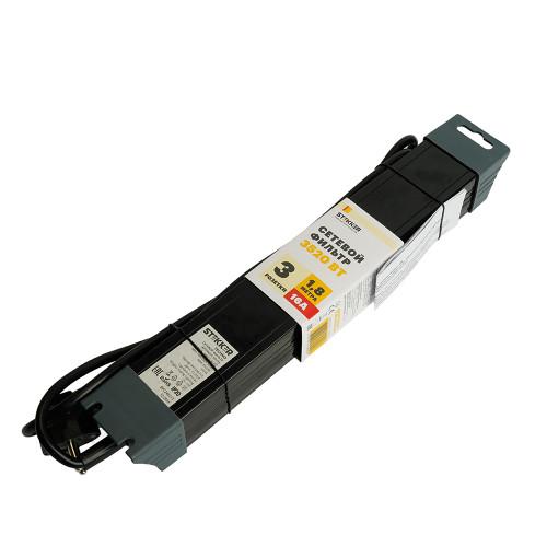 Сетевой фильтр 3-местный с/з STEKKER 3x1мм2, 1,8 м, 220В, 16А, серия Techno, HM22-31-02, черный