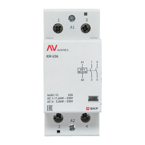 Контактор модульный КМ 63А 2NO 230В АС (2 мод.) AVERES EKF Контактор модульный КМ 63А 2NO 230В АС (2 мод.) AVERES EKF