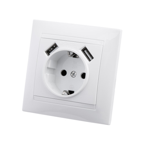 Розетка 2П+З 16А 250В + 2 USB порта 2,1А 5В белая Розетка 2П+З 16А 250В + 2 USB порта 2,1А 5В белая