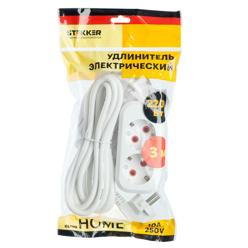 Удлинитель 2-местный с/з Stekker, HM01-21-03, 3м, 3x0,75, серия Home (У10-001), белый Удлинитель 2-местный с/з Stekker, HM01-21-03, 3м, 3x0,75, серия Home (У10-001), белый
