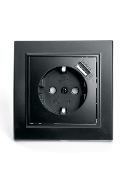 Розетка 1-местная c/з и с USB STEKKER, PST16-9011-03, 250В, 16А, с защитной шторкой, серия Эрна, черный
