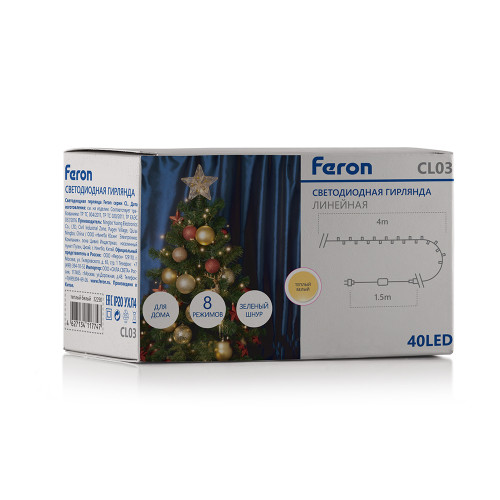 Светодиодная гирлянда Feron CL03 линейная 4м +1.5м 230V 2700K, c питанием от сети, контроллером, зеленый шнур Светодиодная гирлянда Feron CL03 линейная 4м +1.5м 230V 2700K, c питанием от сети, контроллером, зеленый шнур
