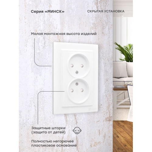 Минск Розетка 2-местная СП б/з 10А белая с защ. штор. EKF Минск Розетка 2-местная СП б/з 10А белая с защ. штор. EKF