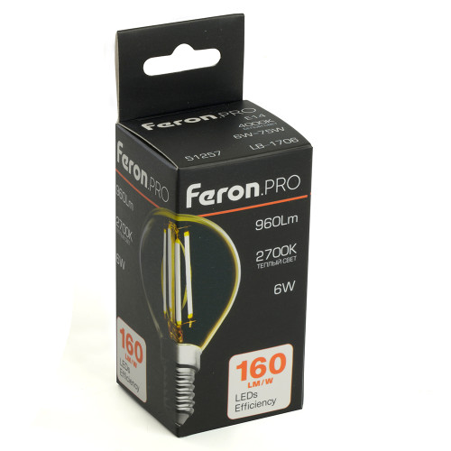 Лампа светодиодная Feron.PRO LB-1706 Шарик E14 960LM 6W 175-265V 2700K Лампа светодиодная Feron.PRO LB-1706 Шарик E14 960LM 6W 175-265V 2700K