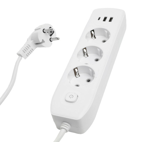 Удлинитель 3-местный c/з 3x1 мм2, 1,8 м, 250В, 10А, 2USB+1Type-C 2,4А, серия Home plus, белый STEKKER HM08-33-02