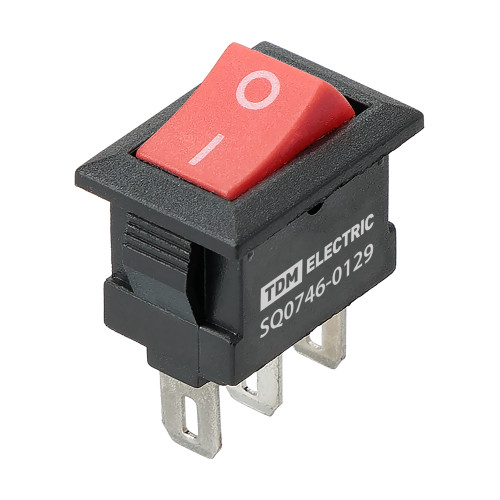 Выключатель клавишный KCD11-102 250В AC/DC, 1P, 3А, (3с), ON-ON, черный корпус, красная клавиша, Micro TDM