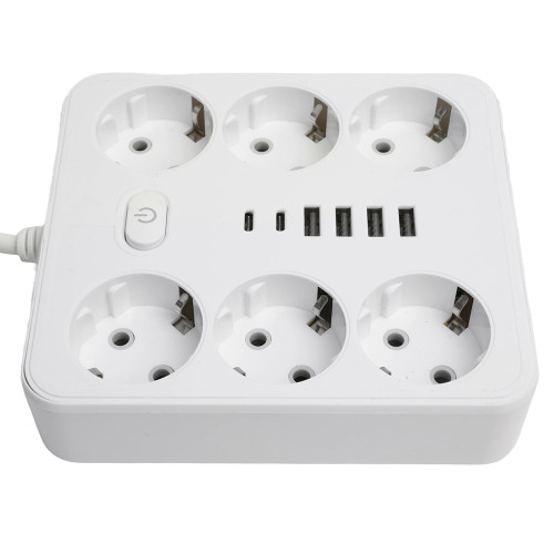 Удлинитель 6-местный c/з 3x1 мм2, 1,8 м, 250В, 10А, 4USB+2Type-C 2,4А, серия Home plus, белый STEKKER HM09-66-02 Удлинитель 6-местный c/з 3x1 мм2, 1,8 м, 250В, 10А, 4USB+2Type-C 2,4А, серия Home plus, белый STEKKER HM09-66-02