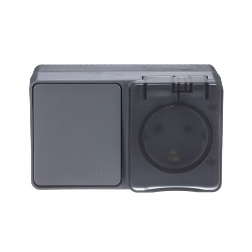ATLASDESIGN PROFI IP54 О/У БЛОК: РОЗЕТКА с заземл. со шт., 16А, ВЫКЛЮЧАТЕЛЬ 1-клав., 10АХ, АНТРАЦИТ