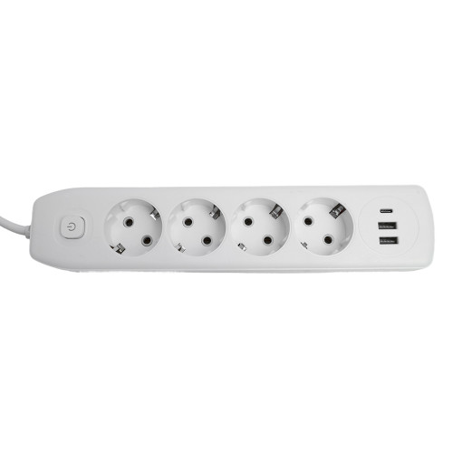 Удлинитель 4-местный c/з 3x1 мм2, 3 м, 250В, 10А, 2USB+1Type-C 2,4А, серия Home plus, белый STEKKER HM08-43-02 Удлинитель 4-местный c/з 3x1 мм2, 3 м, 250В, 10А, 2USB+1Type-C 2,4А, серия Home plus, белый STEKKER HM08-43-02
