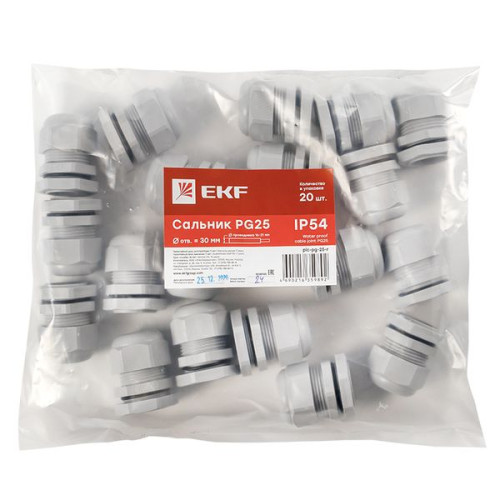 Сальник PG25 IP54 (20 шт) d отв. 31 мм / d провод. 16-21 мм EKF PROxima Сальник PG25 IP54 (20 шт) d отв. 31 мм / d провод. 16-21 мм EKF PROxima
