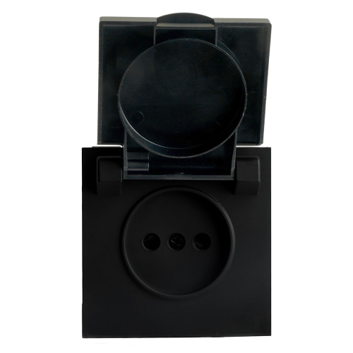 RST16-5113-05 Розетка 1-местная с крышкой с защ. штор STEKKER, б/з, IP42, 250В, 16А, серия Эмили, RST16-5113-05, черный уголь, soft touch