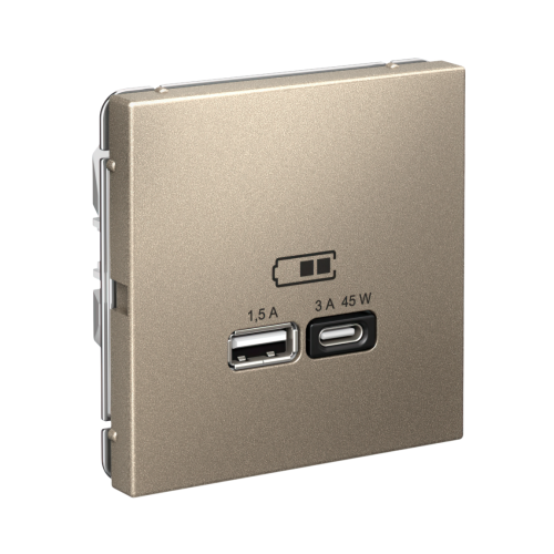 ARTGALLERY USB РОЗЕТКА A + тип-C 45Вт высокоскор.заряд. QC, PD, механизм, ШАМПАНЬ ARTGALLERY USB РОЗЕТКА A + тип-C 45Вт высокоскор.заряд. QC, PD, механизм, ШАМПАНЬ