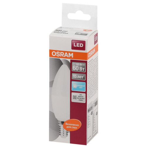 Лампа светодиодная LED Star Classic B 60 6.5W/840 6.5Вт свеча матовая 4000К нейтр. бел. E14 550лм 220-240В пластик. OSRAM 4058075134140 Лампа светодиодная LED Star Classic B 60 6.5W/840 6.5Вт свеча матовая 4000К нейтр. бел. E14 550лм 220-240В пластик. OSRAM 4058075134140