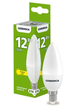 Лампа светодиодная C35 12Вт свеча 3000К E14 230В GENERICA LL-C35-12-230-30-E14-G