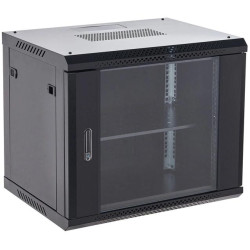 Шкаф коммутационный Rexant (04-0964-112) настенный 9U 600x450мм пер.дв.стекл металл 2 бок.пан. направл.под винты 60кг черный 13.75кг 230град. 501мм IP20 сталь