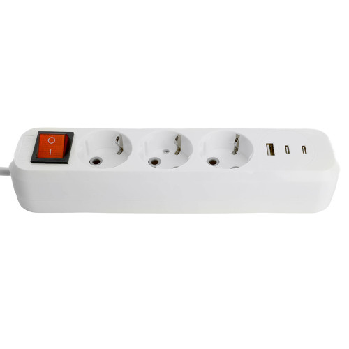 Удлинитель 3-местный с/з с выключ. STEKKER HM071-31-03 3x1мм2, 3м, 250В, 16А, 1USB+2C, 2.4A, сер Home, белый