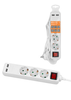 Удлинитель бытовой  У03В-USB 3 гнезда, 2USB 2,4А, 3 м, вык., з/к, ПВС 3х0,75мм2 10А/250В белый TDM
