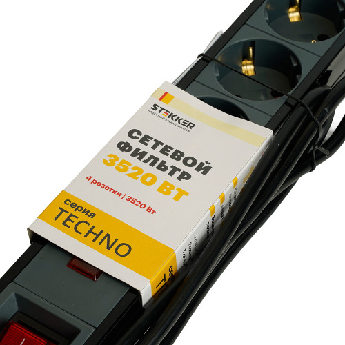 Сетевой фильтр 3-местный с/з STEKKER 3x1мм2, 3 м, 220В, 16А, серия Techno, HM22-31-03, черный