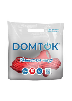 Удлинитель-шнур 1х10м без заземл. 10А IP20 2.2кВт ПВС 2х1 DOMTOK 2488