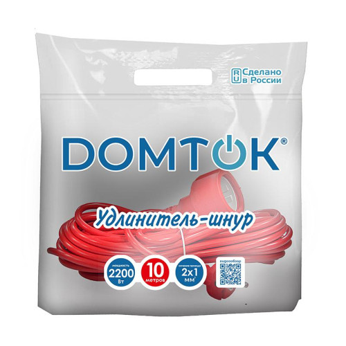 Удлинитель-шнур 1х10м без заземл. 10А IP20 2.2кВт ПВС 2х1 DOMTOK 2488