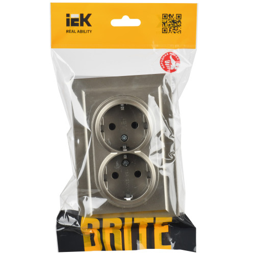 BRITE Розетка 2-местная с заземлением без защитных шторок 16А в сборе РС12-3-БрШ шампань IEK