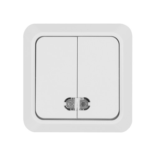 Выключатель 2-кл. открытой установки с подсветкой IP20 10А, белый Выключатель 2-кл. открытой установки с подсветкой IP20 10А, белый