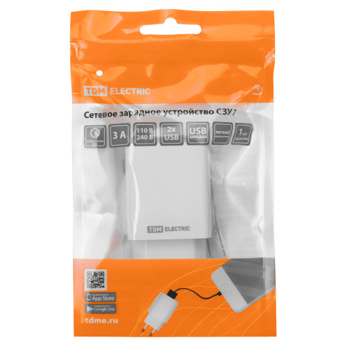 Сетевое зарядное устройство, СЗУ 7, Quick Charge 3.0, 3 А, 2 USB, белый, TDM