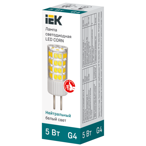 Лампа светодиодная CORN капсула 5Вт 230В 4000К керамика G4 IEK Лампа светодиодная CORN капсула 5Вт 230В 4000К керамика G4 IEK