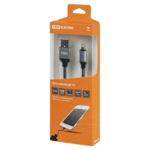 Дата-кабель, ДК 12, USB - Lightning, 1 м, тканевая оплетка, серый, TDM Дата-кабель, ДК 12, USB - Lightning, 1 м, тканевая оплетка, серый, TDM