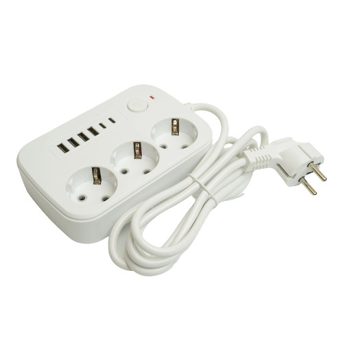 Удлинитель 3-местный c/з 3x1 мм2, 1,8 м, 250В, 10А, 4USB+2Type-C 2,4А, серия Home plus, белый STEKKER HM09-36-02