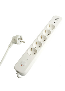 Сетевой фильтр 5-местный с/з STEKKER 3x1мм2, 3 м, 250В, 16А, 2 USB-A+2 Type-C 3, серия Nova, белый